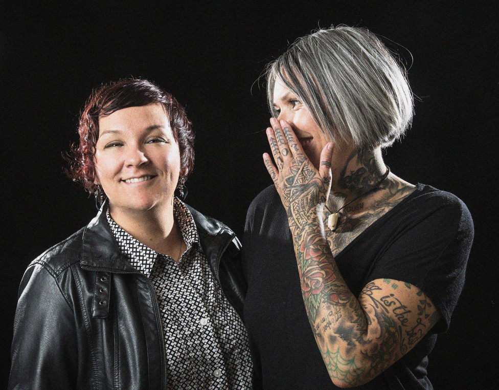 Holly Mititquq Nordlum and Maya Sialuk Jacobsen stand side-by-side, symbolizing their partnership in reviving Inuit tattoo traditions across geographical boundaries.