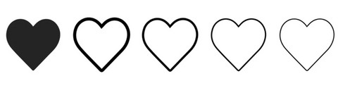 Five simple heart tattoo outline practice designs with varying line thickness