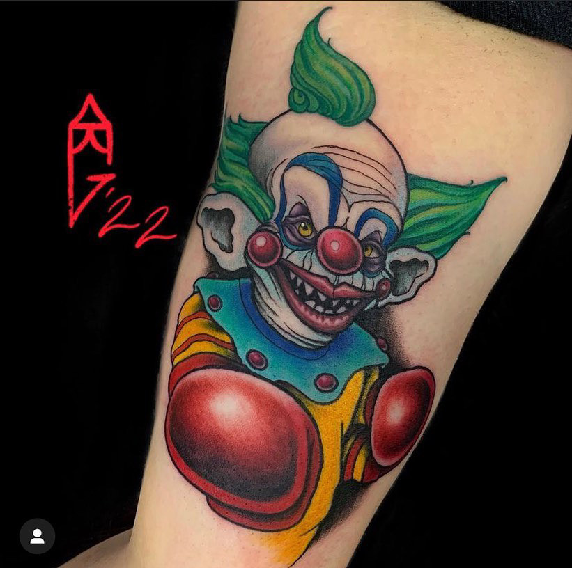 Detailed Killer Klowns from Outer Space Shorty tattoo on Melissa Slater’s arm.