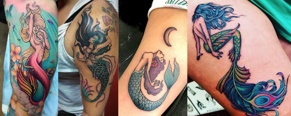 Vibrant watercolor mermaid tattoo, blending soft blues, purples, and greens to create a dreamy and ethereal effect.