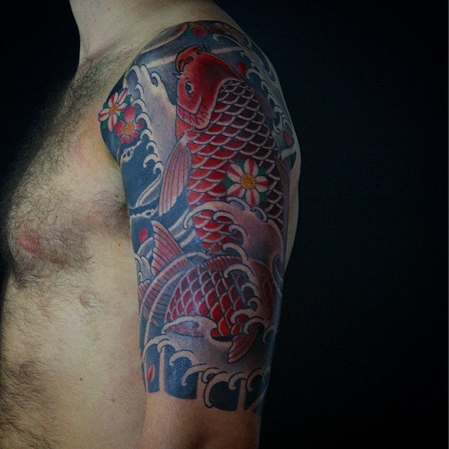 Koi fish sleeve tattoo with water and cherry blossoms by Ning Chula, blending the vibrant koi with the soft, ephemeral sakura for a balanced design.