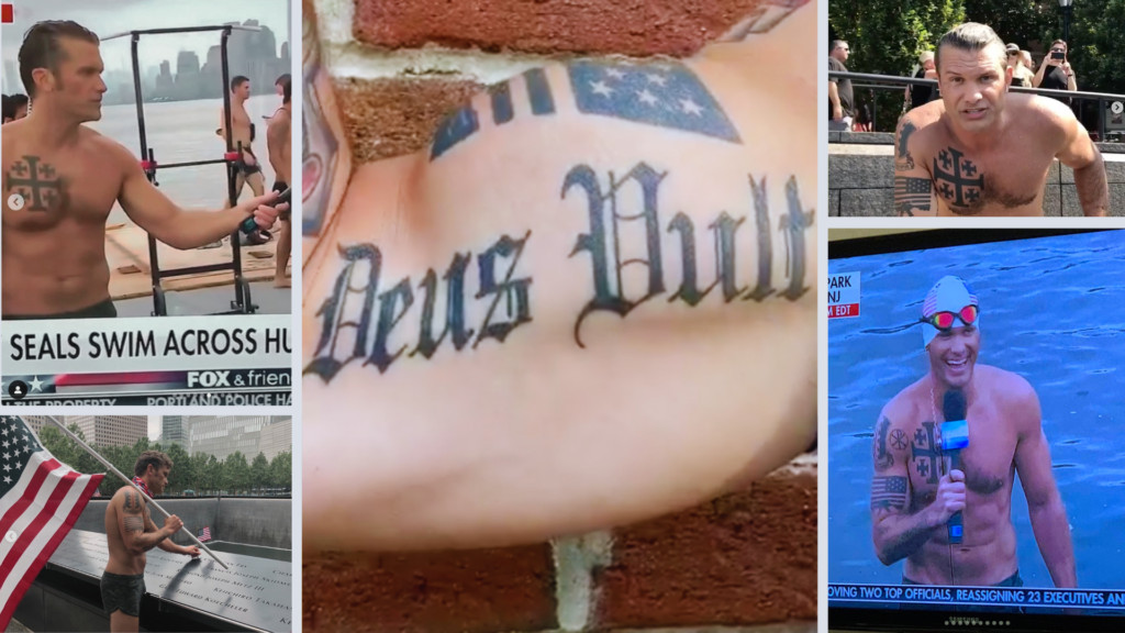 Pete Hegseth's chest tattoos including the Jerusalem Cross and Chi-Rho symbol