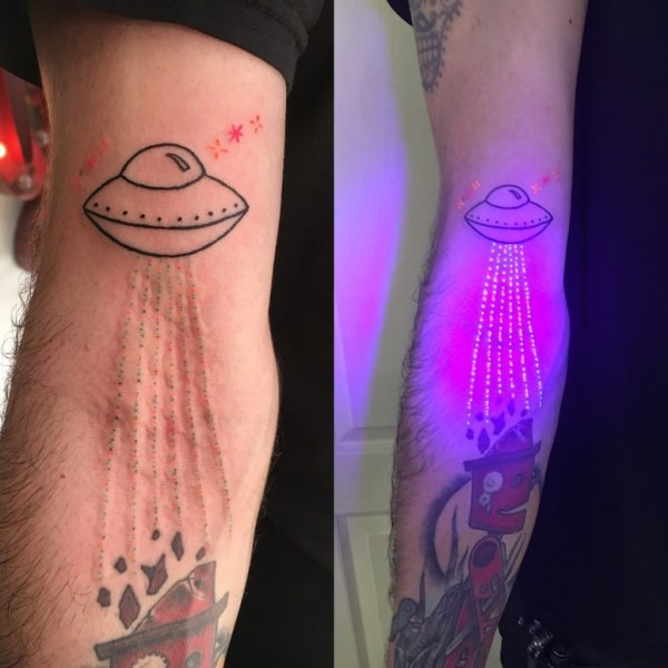 A UFO tattoo with UV ink accents, glowing under blacklight to highlight specific elements of the design.