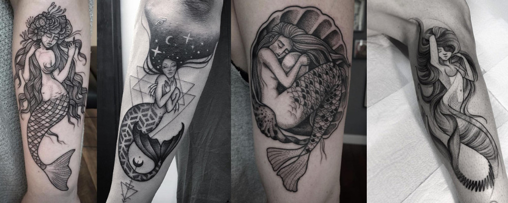 Black and white mermaid tattoo, focusing on detailed linework and shading to create depth and contrast.