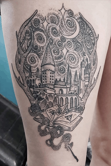 Van Gogh style Hogwarts castle tattoo, artistic and impressionistic Harry Potter tattoo inspiration