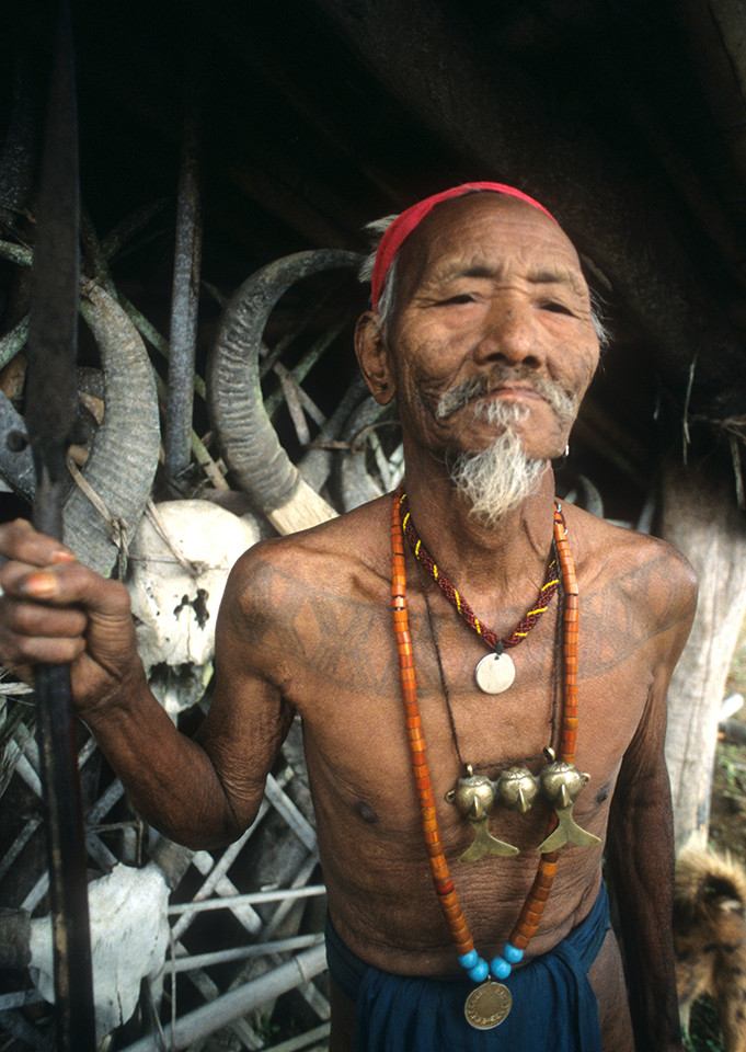 Wancho warrior Langtun Lukham, chest tattoo earned for headhunting