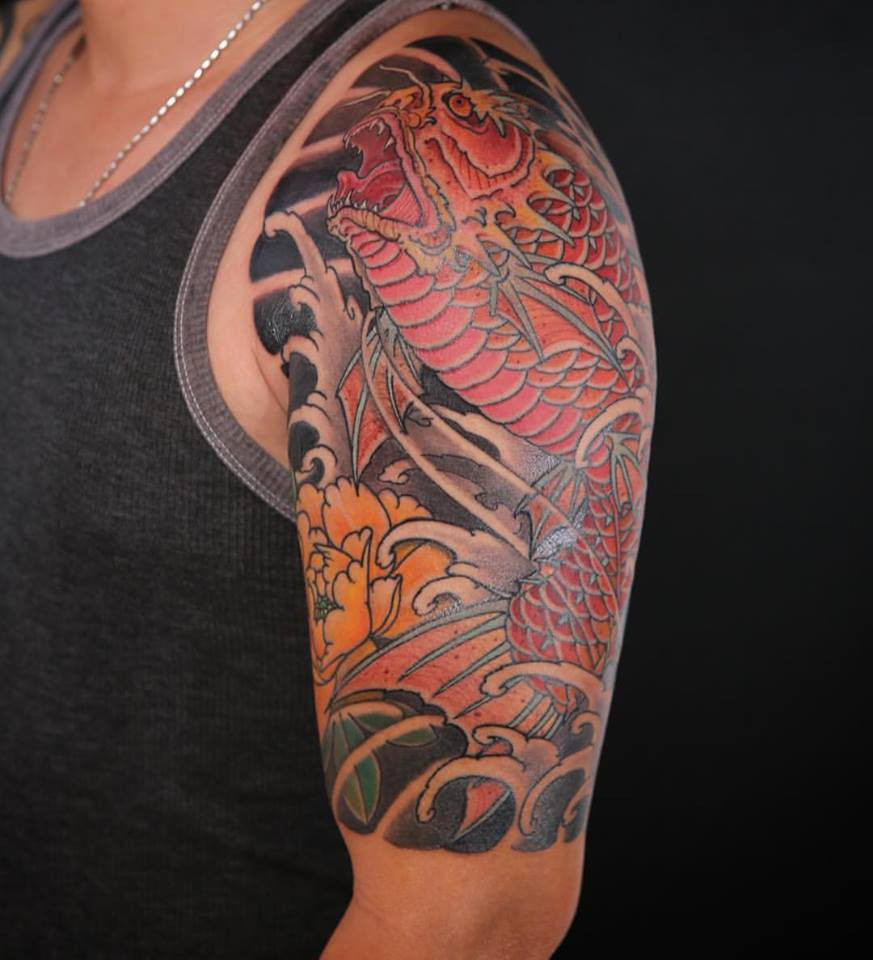 Peony and Koi Dragon Half Sleeve Tattoo by Ning Chula