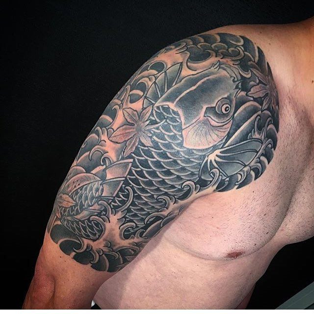 Black and grey koi fish half sleeve tattoo with maple leaves by Kian Horisumi Forreal