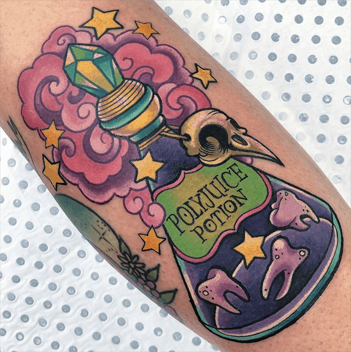 Colorful Polyjuice Potion tattoo in a vibrant style, a fun and quirky Harry Potter potion tattoo idea