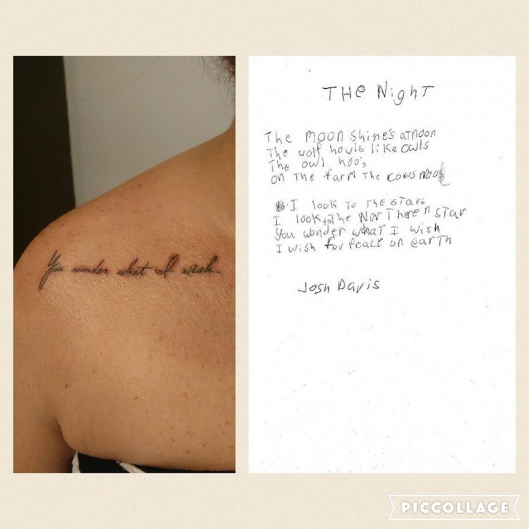 right side: tattoo that reads -- I wonder what it missed. The right is a handwritten poem.