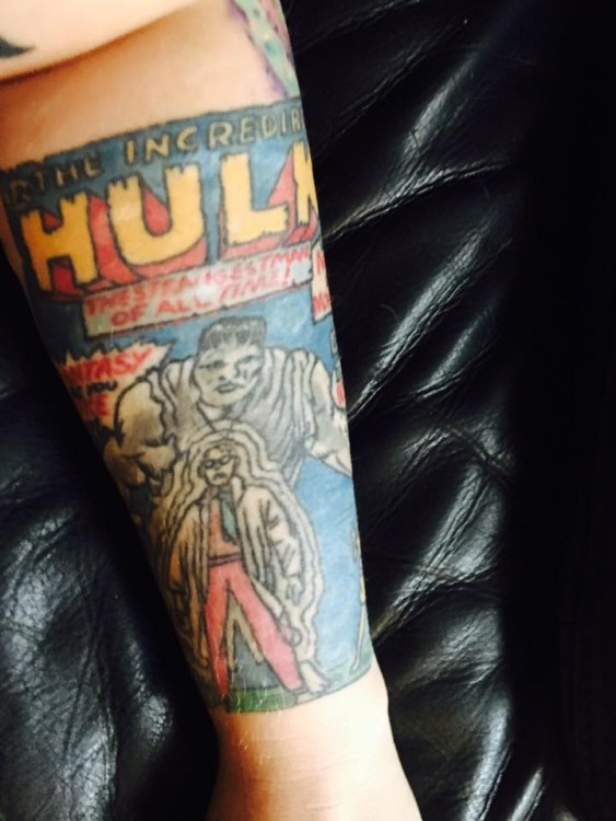 Tattoo of the Hulk character, used as a scar cover-up and a symbol for overcoming depression.