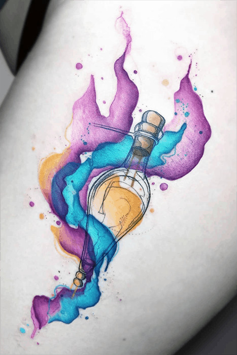 Watercolor style Felix Felices potion tattoo, representing good luck and happiness from Harry Potter