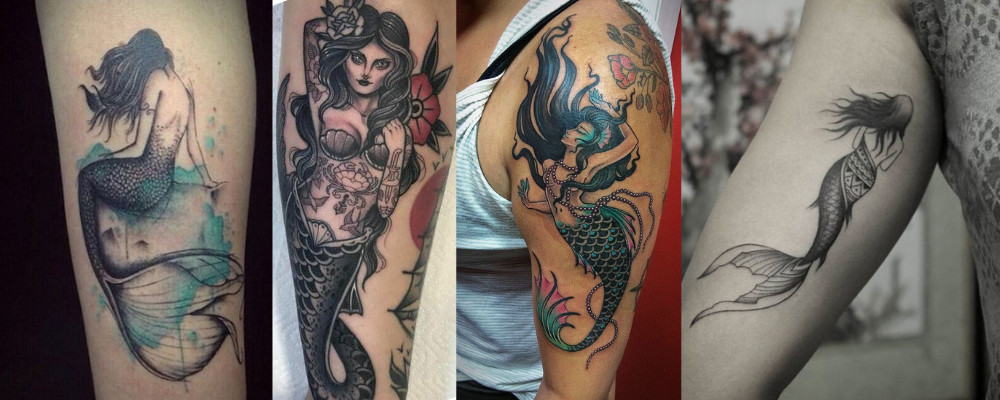 Vintage style illustration of a mermaid, reminiscent of classic sailor tattoos, with bold lines and traditional coloring.