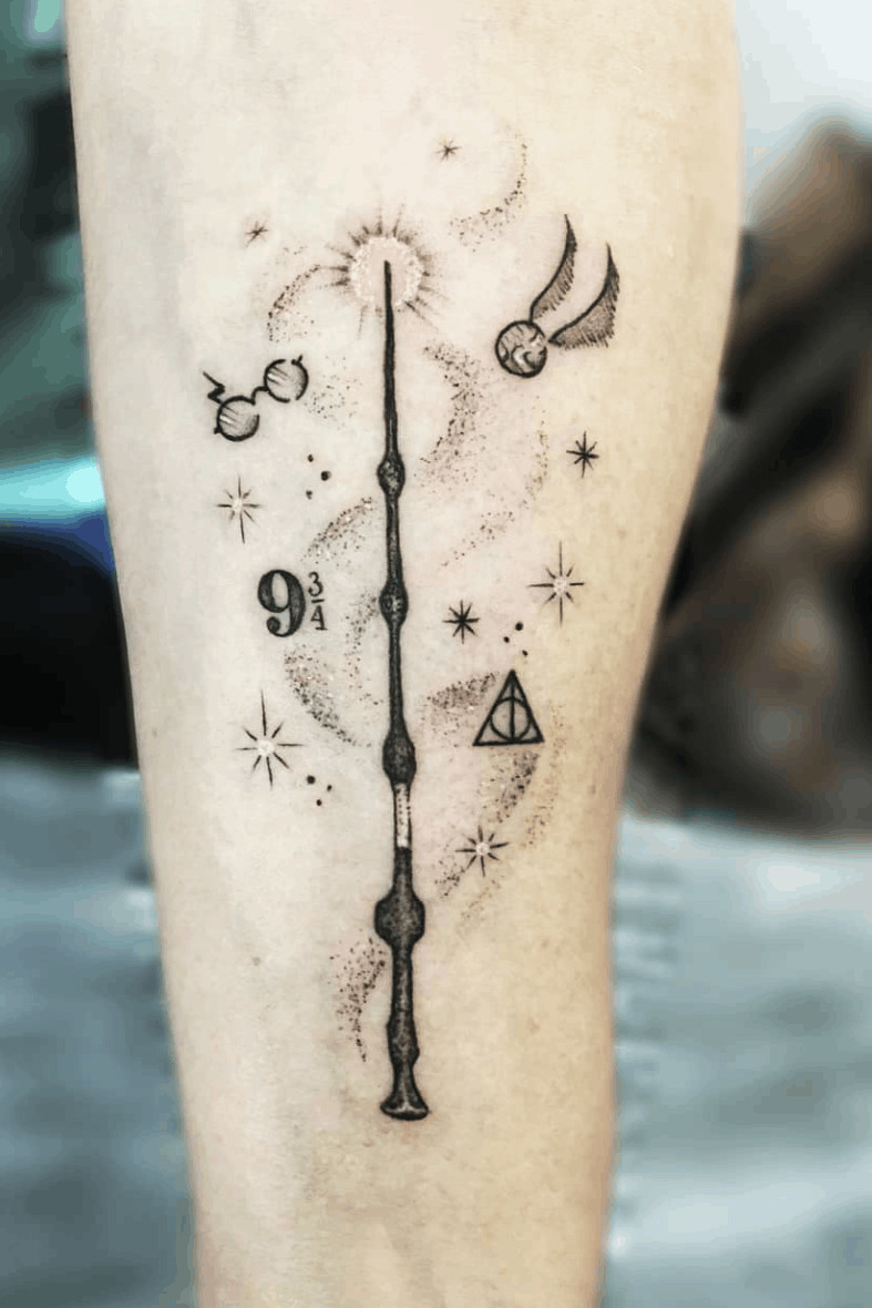 Elder Wand tattoo with swirling magical elements, a design focused on powerful wizarding artifacts