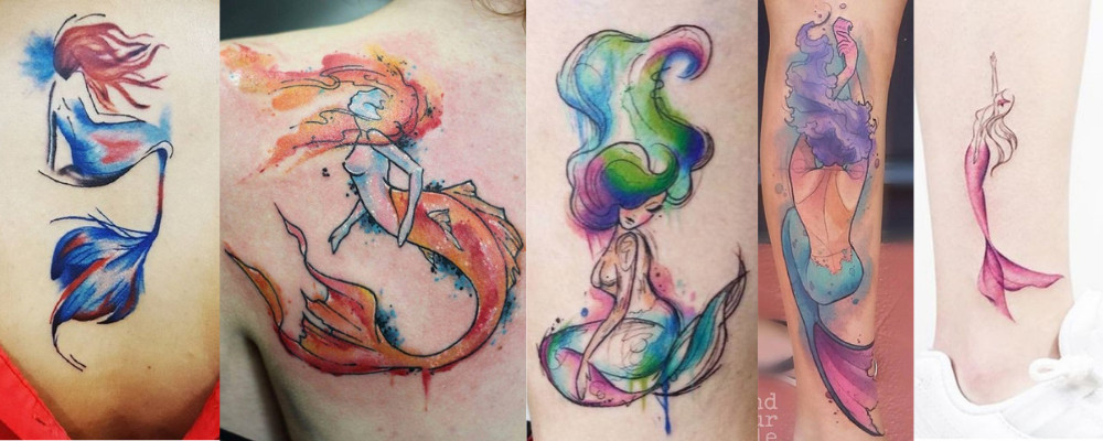 Watercolor style mermaid tattoo, using blended colors and soft edges to create a painting-like effect on the skin.