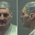 Intricate Patriots logo tattoo on a bald head