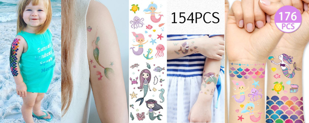 Cute and colorful mermaid tattoo design, aimed at children, featuring a smiling mermaid with playful sea creatures.