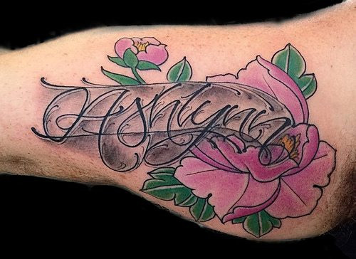 Script and Peonies Tattoo by Lance St Vincent