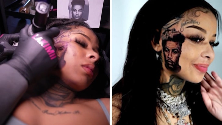 Close-up of Chrisean Rock's face tattoo featuring Blueface's portrait