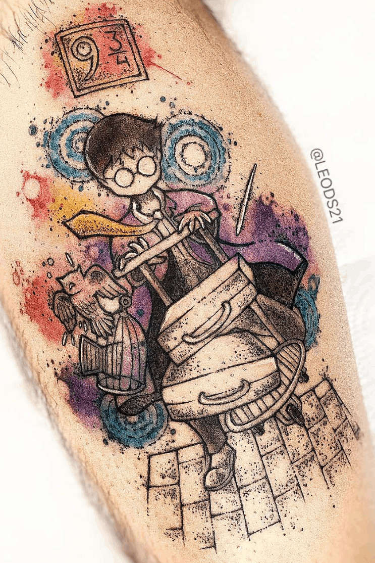 Sketch style Platform 9 3/4 tattoo idea, symbolizing the magical gateway to Hogwarts for Harry Potter fans