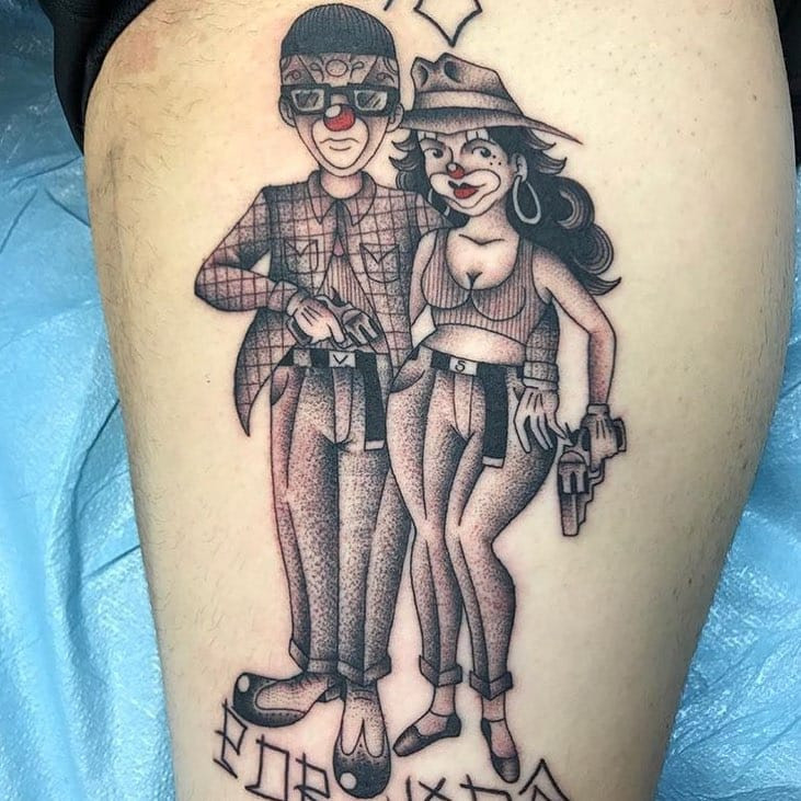 Tattoo by Panchos Placas. Classic gangster style Chicano tattoo by Panchos Placas featuring a payasa, guns, and cholo/chola figures in black and grey, embodying the street culture themes within Chicano tattoo art.