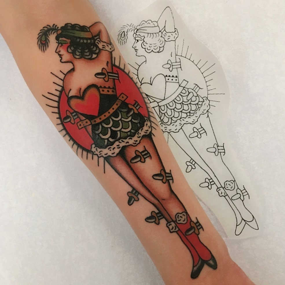 Classic female pin-up tattoo inspired by Gil Elvgren's artwork, known for its painterly style and charm.