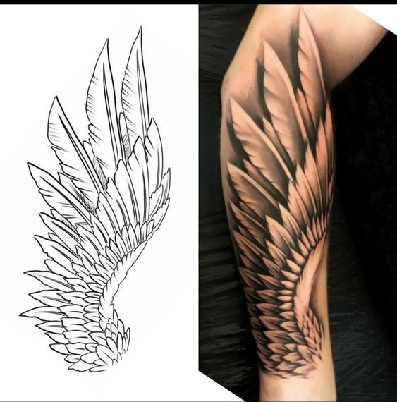 Detailed angel wing tattoo design on forearm and the outline sketch of the tattoo art side by side.