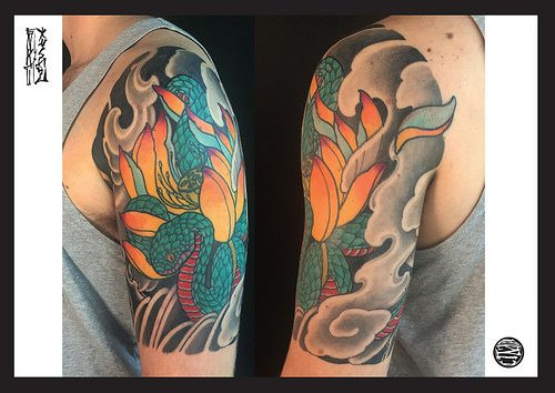 Lotus and Snake Half Sleeve Tattoo by Enku Shoji