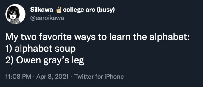 Twitter meme juxtaposing alphabet soup and Owen Grey's alphabet leg tattoo as 'favorite ways to learn the alphabet', highlighting the playful association