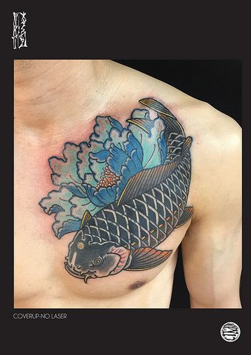 Peony and Koi Chest Piece Tattoo by Enku Shoji