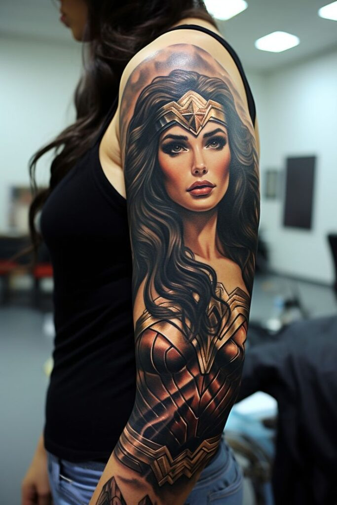 Detailed Wonder Woman tattoo sleeve on a woman