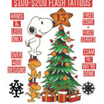 Selection of flash tattoo designs at American Vintage Tattoo, Orange County, perfect for Friday the 13th deals.