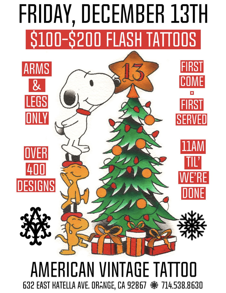 American Vintage Tattoo shop logo for Friday the 13th tattoo deals near Orange County, California