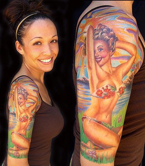 Assortment of female pin-up tattoos showcasing different artistic techniques and styles.