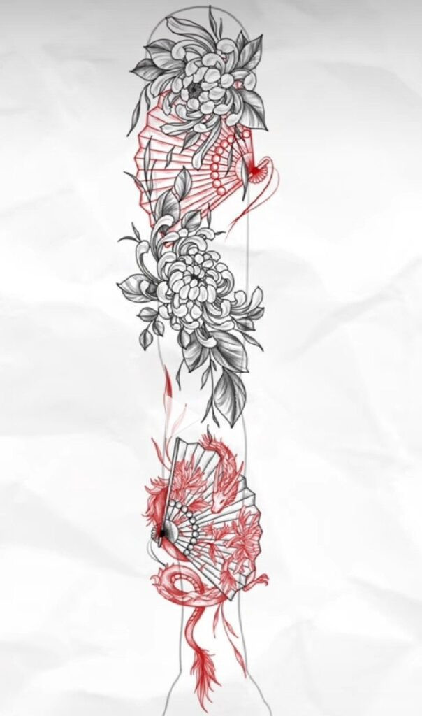 Intricate tattoo design with floral and dragon elements, featuring detailed black and red ink.