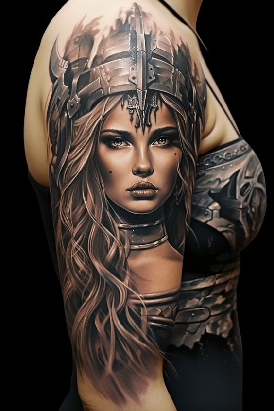 Realistic warrior woman tattoo with detailed helmet and long hair on arm, showcasing intricate fantasy-themed body art.