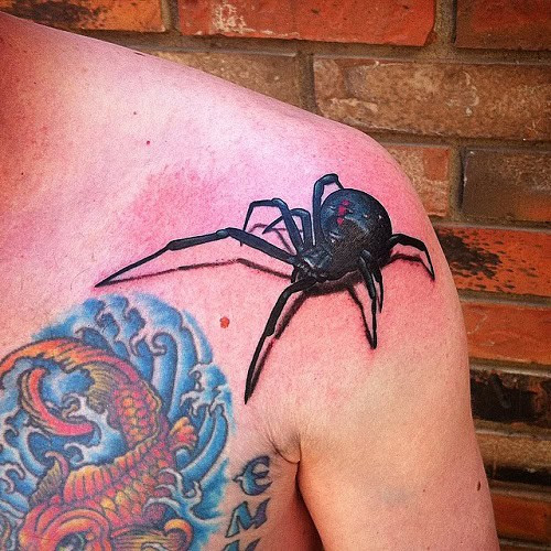 Realistic 3D black widow tattoo with emphasized hourglass marking, a bold and edgy design.