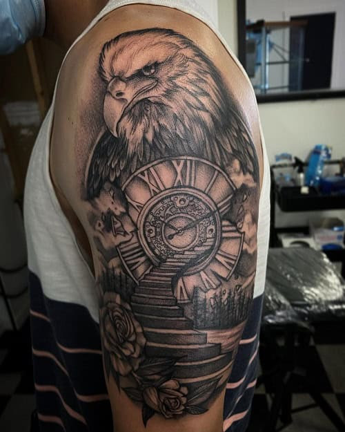 Detailed 3D clock tattoo with intricate gears and hands, symbolizing time and life's passage.