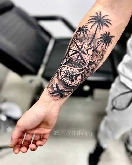 Intricate 3D compass tattoo with detailed needle and directional markings, symbolizing guidance.