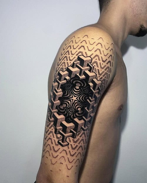 Complex 3D geometric tattoo creating illusions of depth and perspective, showcasing modern art.