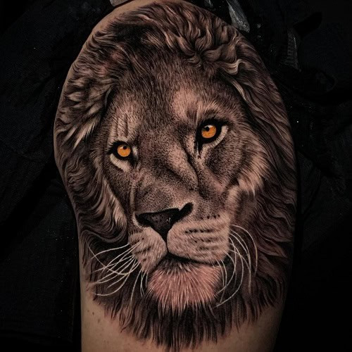 Majestic 3D lion tattoo with detailed mane and fierce expression, representing strength.