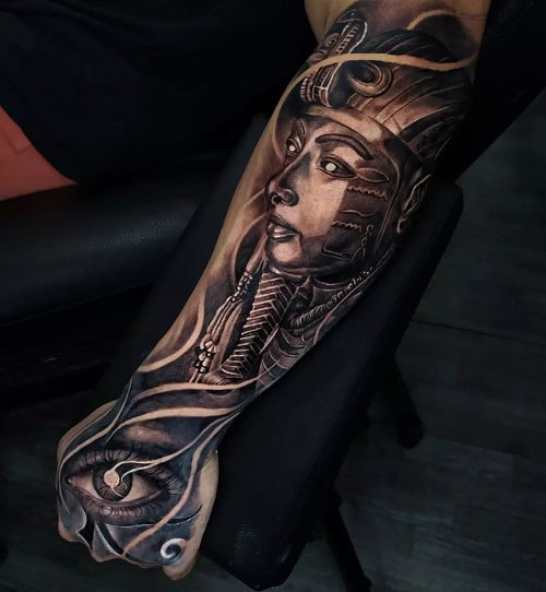 Immersive 3D sleeve tattoo creating a scene that wraps around the arm with depth and perspective.