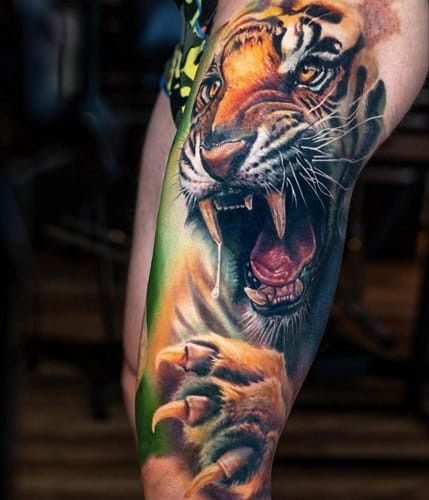 Realistic 3D tiger tattoo with depth and dimension