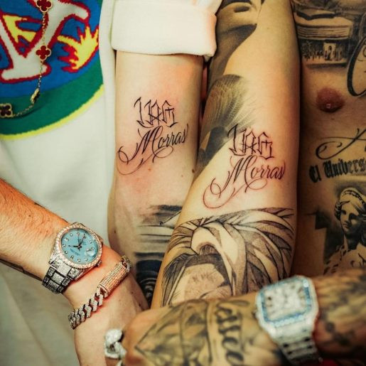 Peso Pluma and Blessd's matching 'Las Morras' tattoos, created during their music video shoot in Medellin, Colombia.