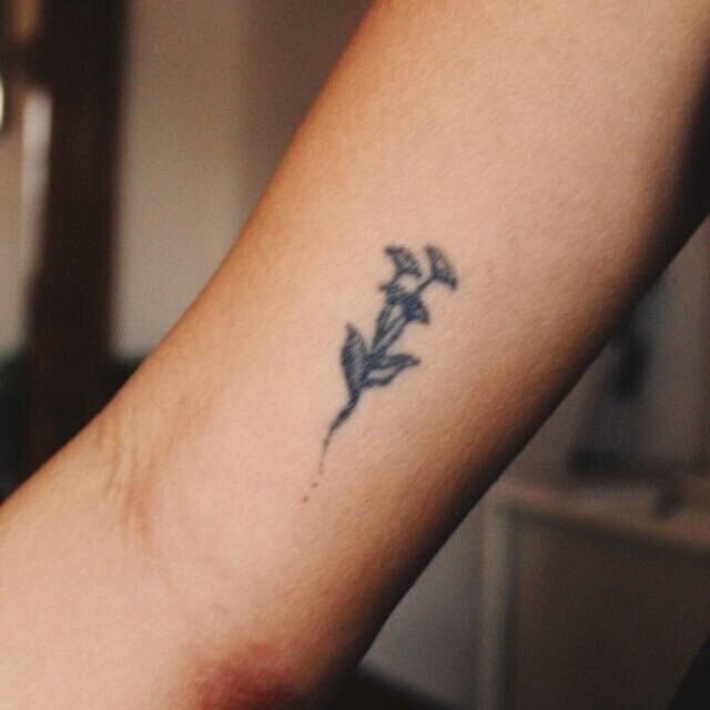 Close-up of Kara's arm tattoo, a delicate branch of baby's breath created in a minimalist stick-and-poke style, representing an 'eternal flower' gift.