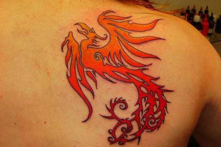 A powerful back tattoo of a phoenix engulfed in flames, rendered in fiery reds and oranges to symbolize renewal, rebirth, and the transformative power of fire.