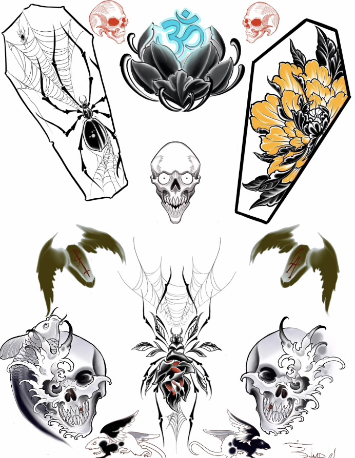 Selection of flash tattoo designs from Black Raven Tattoo Gallery in Torrance, California, for Friday the 13th