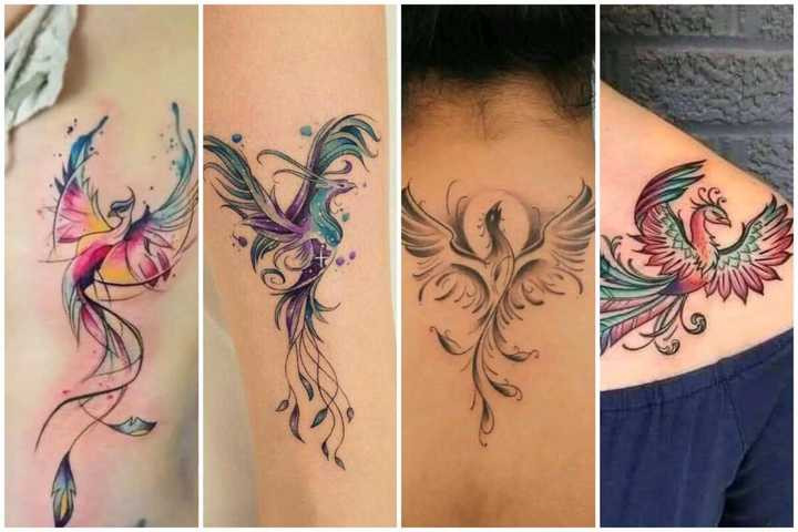 A vibrant and detailed feminine phoenix tattoo on a woman's shoulder, showcasing intricate feather work and a blend of fiery red and soft pink hues to emphasize rebirth and delicate femininity.