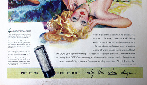 Another 1934 Tattoo lipstick advertisement, similar to the first, with a focus on the exotic imagery and faded text