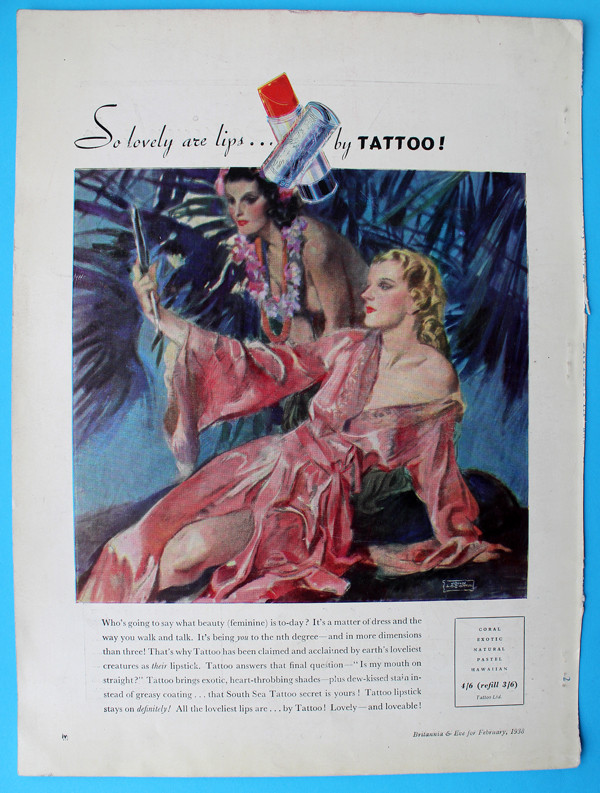 John LaGatta's 1938 Tattoo lipstick advertisement for a British magazine, showcasing his distinctive style and the word &quot;colour&quot;